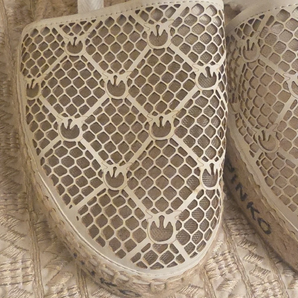 Pinko White Lace Espadrille with Jute Logo Sole and Ankle Ribbon